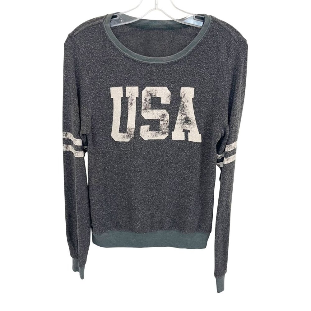 Wildfox USA Distressed Varsity Pullover‎ Jumper Sweatshirt Gray & Green Size XS